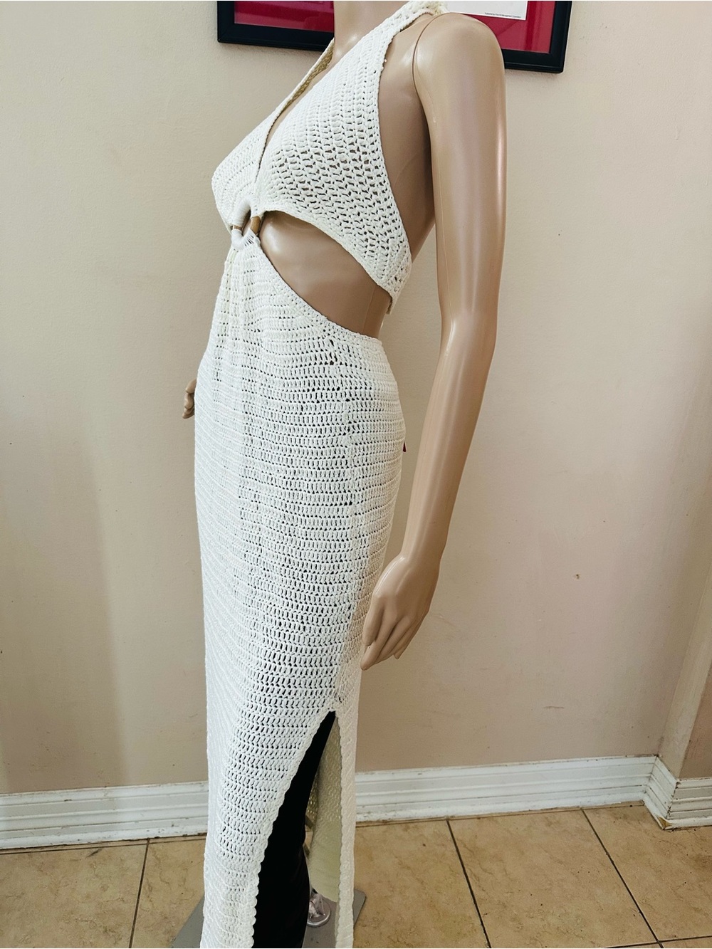 Beginning Boutique White Crochet Halter Maxi Dress with Ring Cutout - Picture 7 of 11
